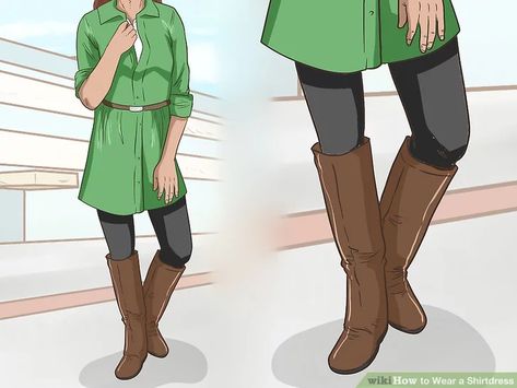 3 Ways to Wear a Shirtdress - wikiHow Green Shirt Dress Outfit Fall, Shirt Dress And Leggings Outfit, Shirtdress Styling Outfit Winter, Shirt Dress With Leggings, Dress With Heels, Khaki Shirt Dress, Long Tshirt Dress, Tshirt Dress Outfit, Long Black Boots