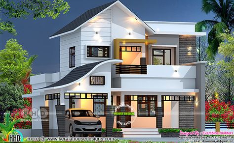 2100 sq-ft 4 bedroom mixed roof house plan 2100 Sq Ft House Plans, House Elevations, Two Story House Design, Kerala House, House Roof Design, Roof House, Small House Elevation Design, Plans Architecture, House Plans One Story