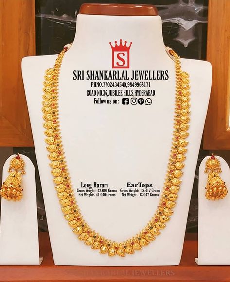 Sri Shankarlal Jewellers on Instagram: “Exclusive Latest Light Weight MangoHaram Necklace with Earring's Sets at WholeSale Prices! Please Visit Our Store Sri Shankarlal Jewellers…” Mango Design Necklace Gold, Mango Haram, Mango Design, Mango Necklace, Gold Haram, Long Haram, Gold Jewels Design, Gold Pearl Jewelry, Bridal Jewels