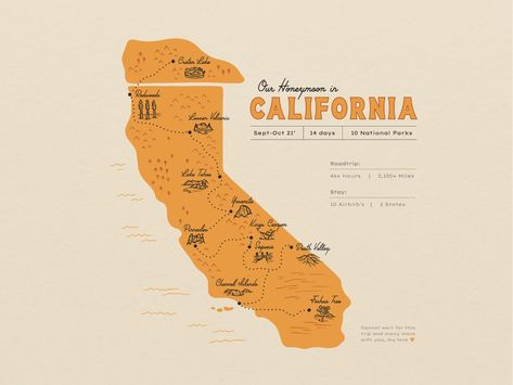 California Road Trip Map, Adventure Graphic Design, Travel Graphic Design, California Illustration, California Road Trip, Road Trip Map, Amazing Maps, California Map, California Travel Road Trips