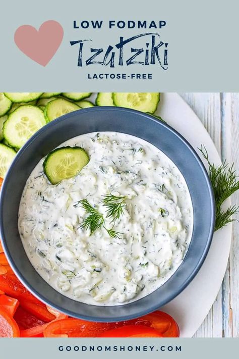 This easy low FODMAP Tzatziki recipe makes a simple and refreshing appetizer, snack or condiment that's perfect for spring and summer dishes. #LowFODMAP and #lactosefree. ~ Good Noms, Honey! ~ Low FODMAP Tzatziki ~ Low FODMAP Dips ~ Low FODMAP Snack ~ Low FODMAP Appetizer ~ Low FODMAP Condiments ~ Lactose-free Tzatziki Fodmap Dips, Keto Tzatziki, Fodmap Condiments, Low Fodmap Appetizers, Easy Tzatziki, Easy Low Fodmap, Tzatziki Recipe, Fodmap Recipes Dinner, Low Fodmap Recipes Dinner