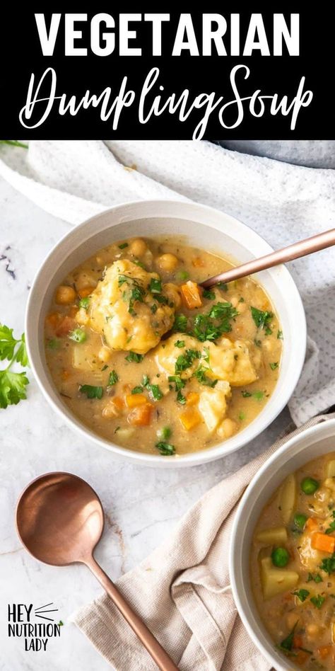 This Vegetarian Dumpling Soup is comfort food at its best! If you're looking for a Vegetarian Chicken and Dumplings recipe, look no further! A broth packed with flavour, chickpeas for protein, and fluffy dumplings baked right in the soup, this recipe will have you feeling all the feels. Vegetarian Chicken And Dumplings, Vegetarian Dumpling Soup, Vegetable Dumpling Soup, Vegetarian Dumpling, Fluffy Dumplings, Vegetarian Lentil Soup, Vegetarian Stew, Chicken Dumpling Soup, Vegan Dumplings