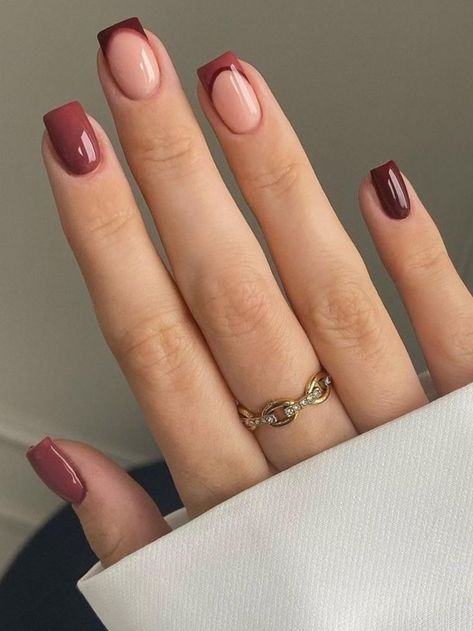 Nail Tip Designs Square, Color Nail Tips French Fall, Classy French Tip Nails Square, Simple Builder Gel Nail Designs, Berry French Tip Nails, Fall French Nails 2023, Nail Designs Trending Now Simple, Maroon Square Nails, French Tip Designs Square