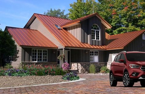 Orange Roof House, House With Copper Roof, Copper Roof House, Flat Metal Roof, Roof Pictures, Metal Roof Coating, Copper Metal Roof, Metal Roof Paint, Orange Roof