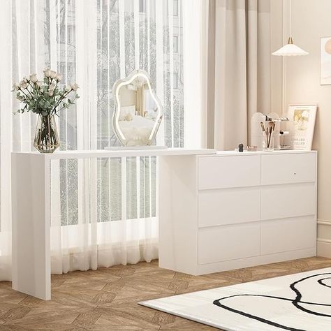 Amazon.com: ECACAD 2 in 1 Vanity Desk, 51" Vanity Table with L-Shaped Desk & Double Dresser, Versatile Makeup Vanity Dressing Table Computer Desk with 6 Drawers for Bedroom, Home Office, White : Home & Kitchen Embellished Furniture, White Vanity Desk, Luxury Vanity, Home Office White, Drawers For Bedroom, Vanity Dressing Table, Storage Dresser, Table Computer, Vanity Bedroom