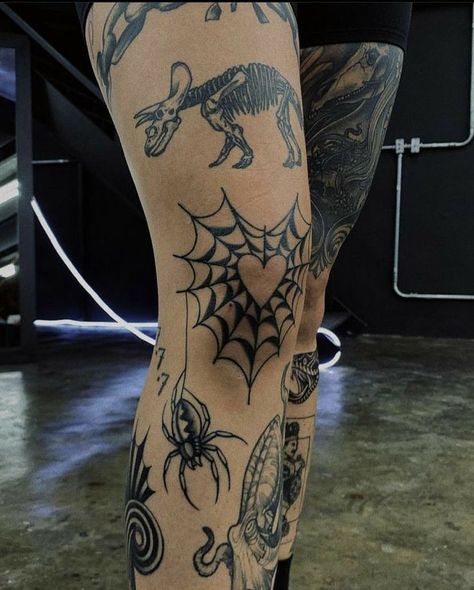 American Traditional Patchwork Leg Sleeve, Spider Web Heart Knee Tattoo, Traditional Tattoo Art Leg Sleeve, Knew Cap Tattoo, Knee And Shin Tattoo, Heart Spiderweb Knee Tattoo, Gothic Calf Tattoo, Knee Spiral Tattoo, Bottom Of Leg Tattoo Women