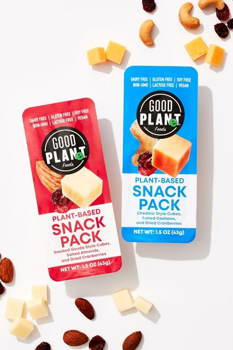 Good Planet Dairy-Free Cheese Snack Packs Reviews and Info - vegan on-the-go Cheddar and Smoked Gouda snacks with nuts and dried cranberries Fresh Food Packaging, Chickpeas Protein, Alien House, Go Dairy Free, Glass Shelves Decor, Cheese Snack, Packaging Snack, Cheese Design, Snacks Packaging