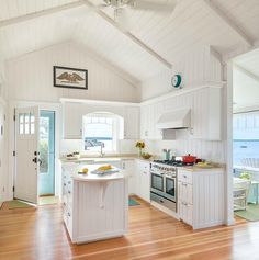 Small Open White Cottage Kitchen | Coastal Decor. Love this dreamy kitchen. Small Cottage Kitchens, White Cottage Kitchen, Beach Cottage Kitchens, Small Beach Cottage, Beach Cottage Kitchen, Vaulted Ceiling Kitchen, Beach Style Kitchen, Small Beach Houses, Cottage Kitchen Design