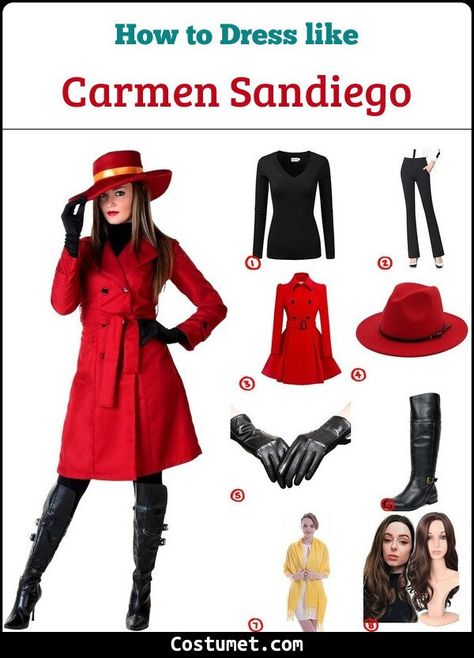 Carmen Sandiego for Cosplay & Halloween 2021 Waldo And Carmen Sandiego Costumes, Where In The World Is Carmen Sandiego Costume, Carmen Sandiego Halloween Costume, Carmen San Diego Costume, Carmen Sandiego Cosplay, Carmen Sandiego Outfits, Carmen Sandiego Costume, Couple's Costume, Red Fedora Hat