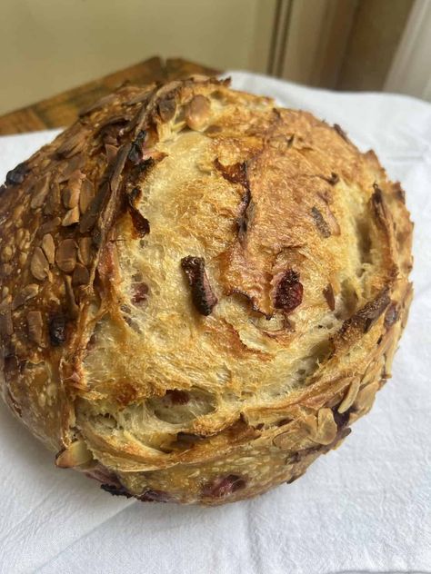 Strawberry Almond Sourdough Loaf - Acts Of Sourdough Sourdough Loaf, Spring Baking, Strawberry Almond, Homemade Sourdough Bread, Sourdough Starter Recipe, No Rise Bread, Cherry Almond, Freeze Dried Strawberries, Dried Strawberries