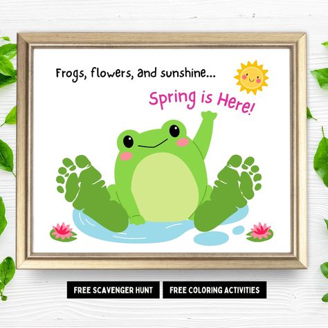 A cute Spring Frog Footprint Craft. A fun DIY Art Craft for kids!  This adorable Easter Season,  " Frogs, Flowers and Sunshine...Spring is Here" Holiday Footprint or Handprint activity is great for preschool classroom parties or gift for mom and dad or anyone.   This would make a beautiful DIY handmade gift for grandparents, or baby memory book keepsake. A fun spring footprint art craft for all occasions.  🎁This listing includes bonus activities, such as a scavenger hunt game, coloring sheets and a coloring paper crown. A multipurpose craft would be a great resource for Classroom parties, Daycare, Preschool, Sunday School Teachers, Homeschool or anyone!       𝐏𝐋𝐄𝐀𝐒𝐄 𝐑𝐄𝐀𝐃 𝐃𝐄𝐓𝐀𝐈𝐋𝐒: ❇️ This is a DIGITAL FILE, NO PHYSICAL ITEM WILL BE SHIPPED ❇️ 𝐈𝐍𝐂𝐋𝐔𝐃𝐄𝐃 𝐅𝐈𝐋𝐄 𝐒𝐈 Spring Footprint Art, Frog Footprint, Handprint Activity, Daycare Art, Preschool Sunday School, Art Craft For Kids, Toddler Daycare, Handprint Keepsake, Coloring Paper