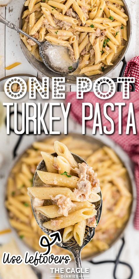 A one pot turkey pasta recipe that is really quick and easy to make using pantry staples that you should have. Basic ingredients that can be easily swapped and changed. One pot turkey pasta is a great way to use up leftover turkey - or you can cook some turkey ground meat. Leftover Turkey Pasta, Turkey Ground, Turkey Pasta, Recipe For One, Turkey Casserole, Thanksgiving Turkey Leftovers, Leftover Turkey Recipes, Leftover Turkey, One Pot Pasta