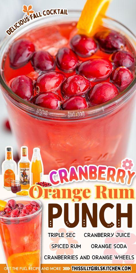 This Cranberry Orange Rum Punch Cocktail will transport you straight to a tropical paradise right from your own home, yet perfect for fall! With a blend of light rum and fresh fruit juice, this cocktail captures the essence of tropical rum drinks enjoyed during sunny getaways. Garnished with orange slices and a maraschino cherry, it’s as look at as it is to taste it. Can’t go wrong there! Thanksgiving Rum Punch, Fall Rum Punch Recipes For A Crowd, Rum Thanksgiving Cocktail, Cognac Punch Recipes, Cranberry Orange Alcoholic Drinks, Cranberry Rum Punch, Fall Rum Punch, Fall Punch Recipes Alcoholic, Christmas Rum Drinks