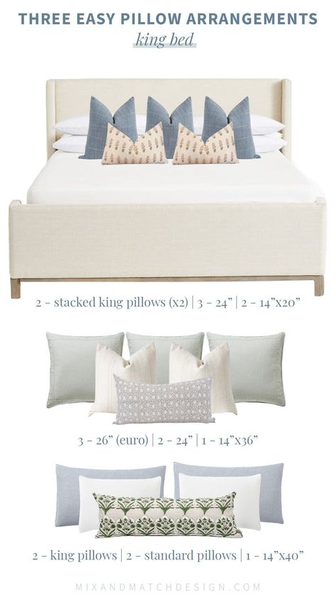 Pillow Arrangements for a King Bed Bed Cushions Arrangement, Bedroom Pillows Arrangement, Bed Pillow Styling, Throw Pillow Arrangement, Bed Pillow Arrangement, Cushion Arrangement, Pillows Bed, Queen Sized Bedroom, Easy Pillows