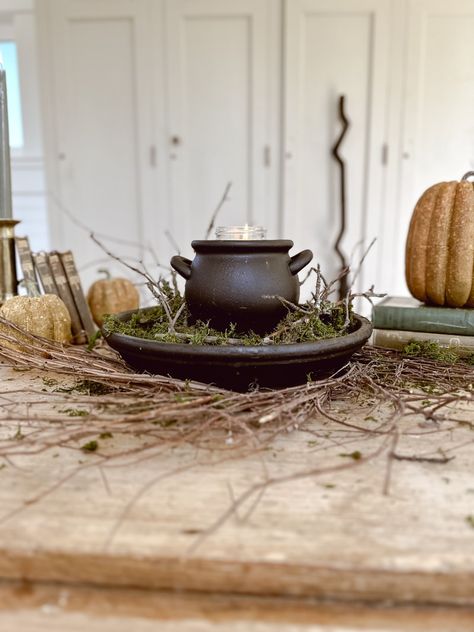 DIY Terrain-Inspired Illume Caldron Candle, Witch's Brew Candle Holder 7 Simple Shelving Decor, Liz Marie Halloween, Witches Cottage Halloween Decor, Woodland Fall Decor, Antique Halloween Decor, Mudroom Update, Cottage Halloween Decor, Joist Ceiling, Cottage Core Halloween