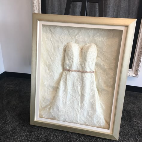 I had my wedding dress framed at Longenbaker’s. They did an amazing job! Wedding Dress In Closet Framed, Diy Wedding Dress Shadow Box Display, Preserved Wedding Dress, How To Display Wedding Dress, Wedding Dress Box Display, Preserved Wedding Dress Display, Wedding Dress Framing, Wedding Dress In Shadow Box Display, How To Preserve Wedding Dress