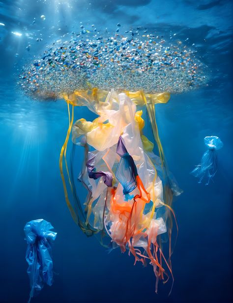 The translucent, ethereal quality of the jellyfish symbolizes the hidden yet ever-present threat of microplastics in our environment. The insidious tiny plastic particles permeate our ecosystem, and the consequences of our plastic consumption have a profound impact on the natural world. Sea Pollution Photography, Plastic Pollution Collage, Plastic Pollution In Ocean, Plastic Ocean Pollution Art, Microplastics Poster, Pollution Moodboard, Microplastic Art, Sea Pollution Art, Plastic Pollution Photography