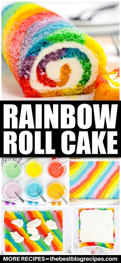 Rainbow Cake Roll Recipe, Rainbow Roll, Cake Roll Recipes, The Colors Of The Rainbow, Buttercream Filling, Jelly Roll Pan, Raspberry Filling, Sweet Cake, Colors Of The Rainbow