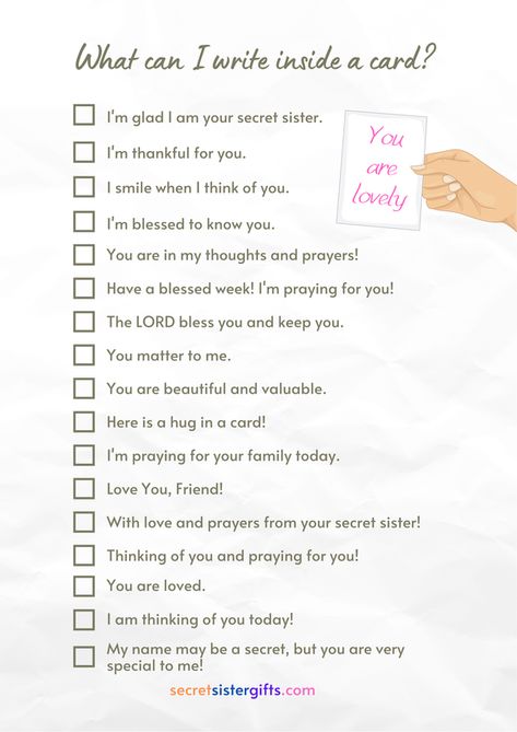 Secret Sister Ideas For Women, Secret Sister Gifts Ideas, Secret Sister Card Ideas, Christian Secret Sister Gifts, Secret Sister Gift Ideas Church Unique, Secret Sister Gift Ideas For Girls Camp, Secret Sister Note Ideas, Secret Sister Gift Ideas Church Women's Ministry, Secret Sister Gifts For Church