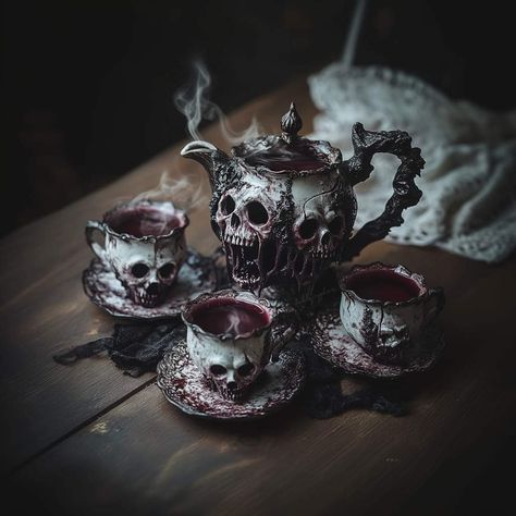 Goth Tea Party Aesthetic, Haunted Tea Party, Dark Tea Party Aesthetic, Spooky Dishes, Dark Tea Party, Goth Tea Party, Tea Party Aesthetic, Accessories Gothic, Gothic Furniture