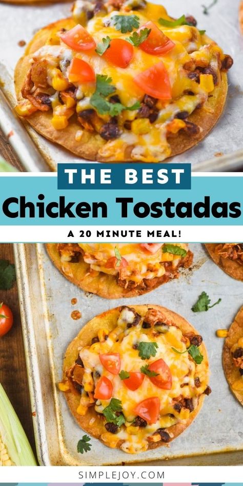 Easy Chicken Tostadas are perfect for a busy weeknight. This chicken tostada recipe is done in about 20 minutes! Chicken Tostadas Mexican, Mexican Food Recipes Chicken, Tostada Recipe, Food Recipes Chicken, Tostada Recipes, Chicken Tostadas, Great Chicken Recipes, Pre Cooked Chicken, Chicken Dishes Recipes