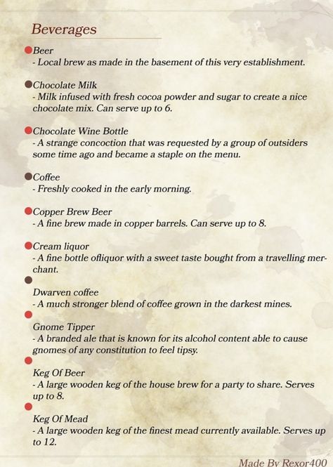 Tavern Names Dnd, Dnd Tavern, Vicious Mockery, Tavern Ideas, Tavern Food, Dnd Food, Beer Menu, Chocolate Wine, Dnd Homebrew