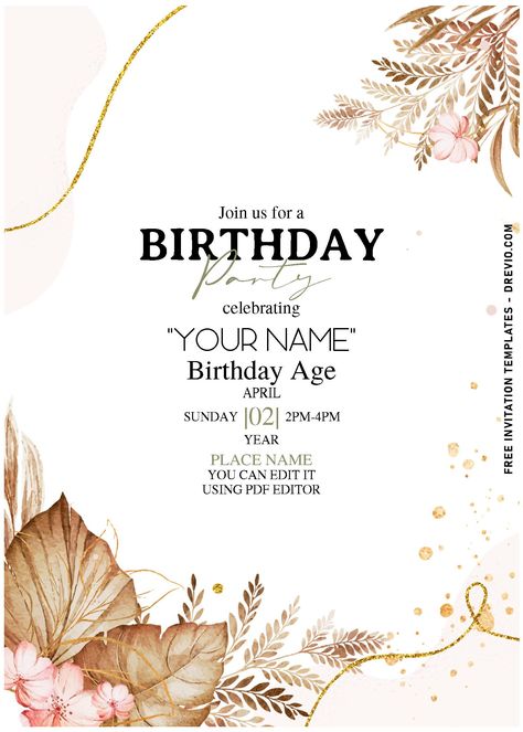 Nice (Free Editable PDF) Pampas Elegance Birthday Invitation Templates Pampas grass has long been a lovely addition to landscapes and gardens, but it is now gaining popularity in the home decor world, particularly on Instagram! Continue reading for some ideas on how to i... Boho Invitation Background, Rustic Birthday Invitation Template, Pampas Invitation, Pampas Grass Wedding Invitation, Pampas Grass Invitation Template, Elegant Birthday Invitations, Birthday Invitation Card Template, Invitation Card Birthday, Free Printable Invitations Templates