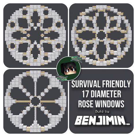 SURVIVAL FRIENDLY 17 diameter rose window designs 🌺 And as you can see, I made them survival friendly! This is my first survival friendly post so that you now can use my designs in your survival world ❤️ They are not perfect and not as smooth as the debugged ones, but I practiced and experimented a bit and I still really like how they turned out! Not all my posts will be survival friendly, but there will definitely be more, so stay tuned ✨ Swipe for full pictures ➡️ Show some love and ... Minecraft Rose, Minecraft Detailing, Minecraft Burg, Minecraft Windows Design, Ms Beast, Minecraft Details, Fantasy Minecraft, Minecraft Kingdom, Window Designs