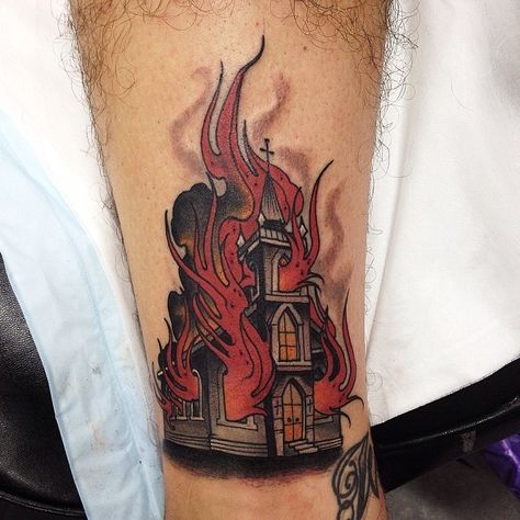 Daniel Formentin. Church Tattoo, Burning Church, Satanic Tattoos, Fire Design, Type Tattoo, Flame Tattoos, Witch Tattoo, Fire Tattoo, Tattoo Now