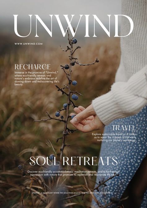 Unwind Magazine: Embracing Tranquility Retreat Poster, Spiritual Magazine, Grounding Meditation, Massage Quotes, Meditation Retreat, Coastal Life, Book Sites, Beauty Products Photography, Publication Design