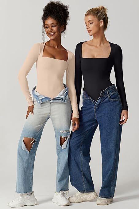 Bodysuit With Jeans, Bodysuit Tops, Flare Jumpsuit, Square Neck Bodysuit, Early Fall Outfit, Bodysuit Fashion, Womens Bodysuit, Black Bodysuit, Body Suit