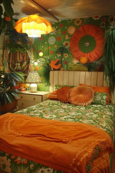 70s Inspired Bedroom, Retro Style Bedroom, 1970s Bedroom, Groovy Bedroom, 70s Bedroom, Groovy Room, Retro Homes, Vintage Decor Ideas, 70s Home