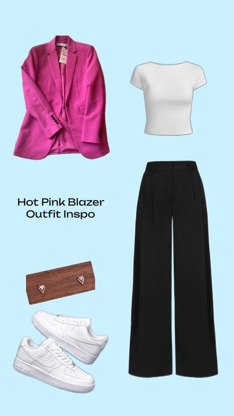 Hot Pink Blazer Outfit, Pink Blazer Outfit, Hot Pink Blazer, Hot Pink Blazers, Easy Hairstyles For Thick Hair, Outfit Primavera, Blazer Outfit, 20s Fashion, Pink Blazer