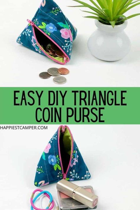 Tired of smaller items and coins getting lost in your bag? We show you How To Make A Triangle Coin Purse! This little triangle coin purse is so cute. The easy sewing tutorial makes it perfect for beginners just starting out, and advanced sewists can knock this out in no time. I made a few of these for coins and other small items. Sewing project tutorial. Easy sew. How To Make A Triangle Coin Purse Sewing Tutorial Diy Coin Purse No Sew, Triangle Coin Purse, Coin Purse Sewing, Diy Coin Purse, Simple Sewing Tutorial, Coin Purse Pattern, Purse Sewing, Coin Purse Tutorial, Wallet Sewing Pattern