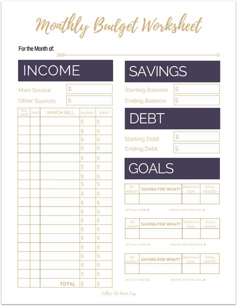 Cute Free Printable Budget Worksheet Templates for Organizing Your Finances / Monthly 2017 2018 / College , For Young Adults Budgeting Tips / Purple PDF Planners / #budgeting #budget #frugal #printable #freeprintable #printables #budgettips #college Budgeting Worksheets Free, Budget Sheet Template, Monthly Budget Worksheet, Simple Budget Template, Faire Son Budget, Printable Budget Worksheet, Bills Budget, Printable Money, Budget Template Free