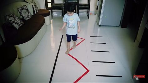 Control of Movement Activity focuses on walking on the lines such a straight line which will be quite easy and the zigzag lines. It also involves jumping on and between the parallel lines. Control of error will be your childs steps. He/ She should be walking on the line and completing the task & follow complete instructions. We have made lines on the floor with red and black colour adhesive tape. Can be done easily inside your #Kidslineactivity #walkingonthelineactivity #kidshomeactivity Parallel Play Activities, Lines Activity Preschool, K2 Activities, Easy Activities For Kids, Line Design Pattern, Prek Activities, Gym Games For Kids, Gross Motor Activity, Flag Crafts