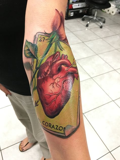 Loteria el corazon tattoo @tatz909 El Corazon Tattoo, El Corazon Loteria Tattoo, Loteria Card Tattoo, Loteria Tattoo Ideas, Loteria Tattoo, Frida Tattoo, Frida Kahlo Tattoos, Candy Tattoo, Roman Tattoo