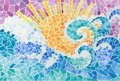 Mosiac Art Paintings, Watercolor Mosaic Painting, Sunrise Mosaic, Watercolor Mosaic, Paper Mosaic Art Ideas, Mosaic Drawing, Paper Mosaic, Mosaic Art Diy, Art Retreats