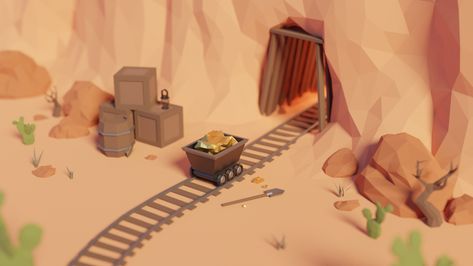 Gold Mine Illustration, Gold Rush Projects, Low Poly Desert, Mine Illustration, Western Games, Blender Models, Low Poly Games, Gold Mine, Low Poly Art