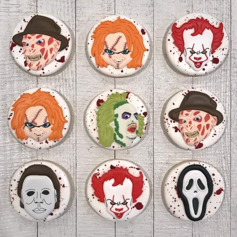 Horror movie cookies including Freddy Krueger, Chucky, IT the Clown, Beetlejuice, Michael Myers, Scream Chucky Cookies Decorated, Michael Myers Cookies Decorated, Horror Themed Cookies, Halloween Horror Cookies, Beetlejuice Sugar Cookies Decorated, Horror Movie Cookies Decorated, Michael Myers Cookies, Beetlejuice Decorated Cookies, Chucky Cookie