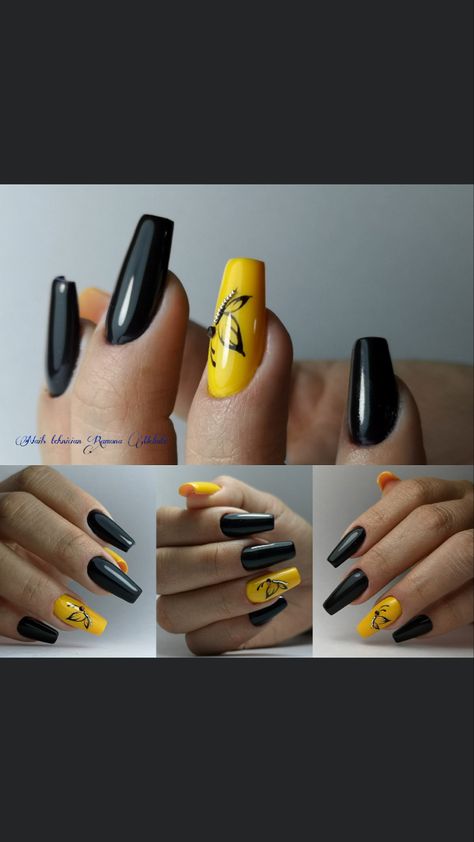 Yellow Nails With Black Design, Purple And Yellow Nails, Yellow And Black Nails, Black And Yellow Nails, Yellow Nails Design, Hair Skin Nails, Purple And Yellow, Yellow Nails, Black And Yellow