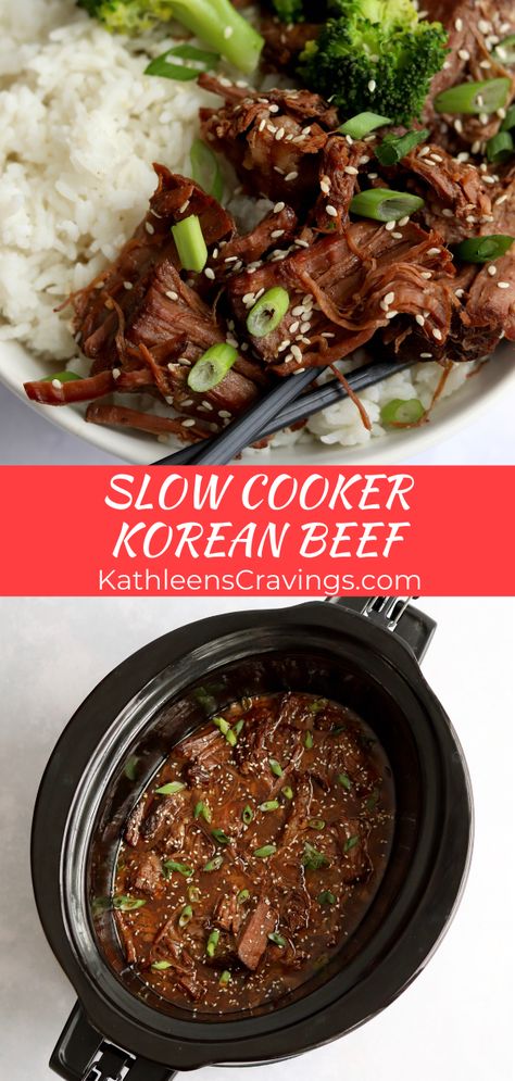 Slow Cooker Korean Beef is super tender and takes just a few minutes to prep. Just dump a chuck roast and a simple Korean-inspired sauce in the crock pot to make a delicious shredded beef. Serve with rice and some steamed veggies for dinner. And it reheats well for meal-prep – even freezer friendly! Asian Beef Roast Slow Cooker, Chuck Roast Korean Beef, Shredded Beef Asian Recipes, Chuck Roast Crock Pot Recipes Asian, Asian Pot Roast Slow Cooker, Korean Style Pot Roast, Chuck Roast Recipes Asian, Things To Do With A Chuck Roast, Roast Beef And Rice Recipes