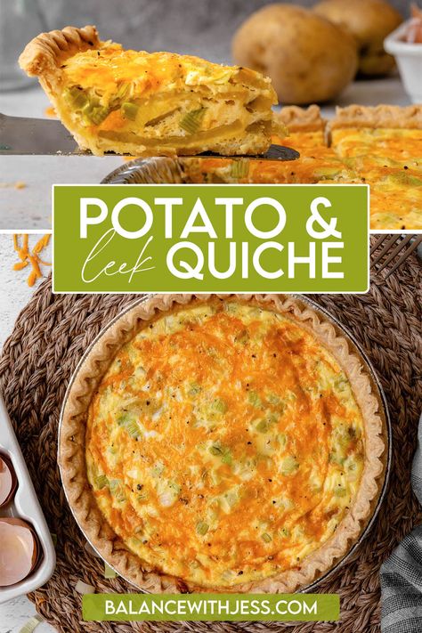 This easy Potato Leek Quiche is the best vegetarian brunch or breakfast dish! Buttery Yukon Gold potatoes, savory leeks, and melted cheese are encased in a light & fluffy egg filling. It's the perfect meal prep or tea time, baby or bridal shower, or lunch meal. Potato Quiche, Easy Healthy Breakfast Ideas, Leek Tart, Leek Quiche, Premade Pie Crust, Vegetarian Quiche, Vegetarian Brunch, Potato Leek, Egg Cheese