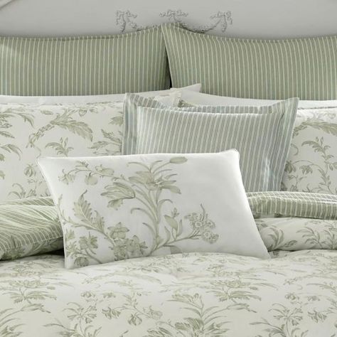 Laura Ashley Natalie Green Cotton 7-Piece Comforter Set, Full/Queen-221648 - The Home Depot Green Comforter Sets, Laura Ashley Bedding, Bed Cover Design, Whimsical Aesthetic, King Size Comforter Sets, Green Comforter, Cotton Comforter Set, 100 Cotton Duvet Covers, King Size Comforters