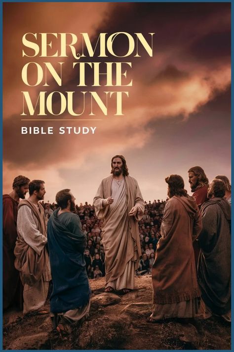 People gathered around a central figure for a Bible study titled "Sermon on the Mount". Sermon On The Mount Bible Study, Free Sermons, The Sermon On The Mount, Sermon On The Mount, Family Bible Study, Treasures In Heaven, Family Bible, Jesus Teachings, Personal Bible Study