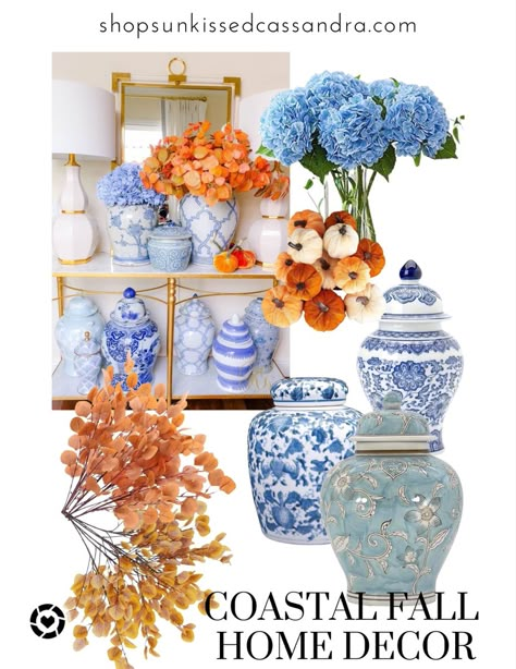 Blue And Orange Coastal Decor, Grandmillenial Style Fall Decor, Grandmillennial Fall Decor, Grandmillenial Halloween, Coastal Grand Millennial Style, Grandmillenial Fall Decor, Fall Chinoiserie Decor, Grand Millennial Fall Decor, Fall Coastal Decor