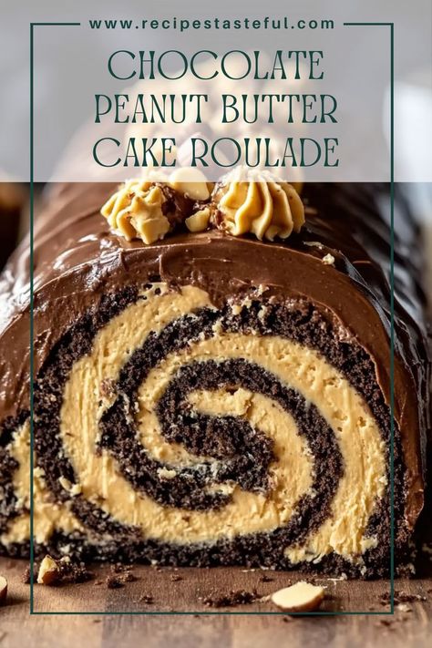 Indulge in this rich and creamy Chocolate Peanut Butter Cake Roulade, a delightful dessert that combines a moist chocolate cake with a luscious peanut butter filling. Perfect for any occasion, this roulade is sure to impress family and friends! Chocolate Jelly Roll Cake Easy, Peanut Butter Roll Cake, Chocolate Cake Roll With Peanut Butter Filling, Chocolate Cake Roll From Box Cake, Chocolate Cake Roll Recipe Easy, German Chocolate Roll Cake, Chocolate Peanut Butter Cake Roll, Chocolate Peanut Butter Roll, Reese’s Peanut Butter Cup Roll Cake