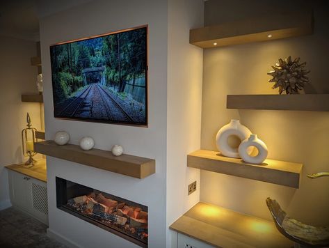 Custom-built Media Wall | Media Walls Media Wall Oak Beam, Media Walls For Small Rooms, Media Wall Oak Shelves, Media Wall Without Fire, Media Wall With Oak Beam, Media Wall Floating Shelves, Half Media Wall, Wooden Media Wall, Rustic Media Wall