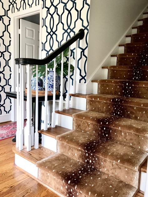 Our Antelope Stair Runner (Before & After), entryway, foyer, blue and white trellis wallpaper, colonial house Antelope Stair Runner, Black And White Stairs, Stairs Runner, Stair Ideas, White Stairs, Staircase Runner, White Trellis, Trellis Wallpaper, Modern Stairs