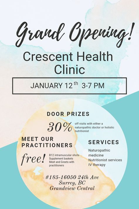 Come and join us at the Grand Opening of Crescent Health Clinic! Learn more about what naturopathic medicine and nutritionist services can do to help reset your health this year! Naturopathic Clinic, Surrey Bc, Naturopathic Medicine, Health Clinic, Iv Therapy, Patient Experience, Women's Health, Acupuncture, Grand Opening